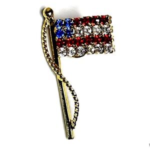 American Flag Fashion Pin Gold Tone Red White & Blue Rhinestone USA